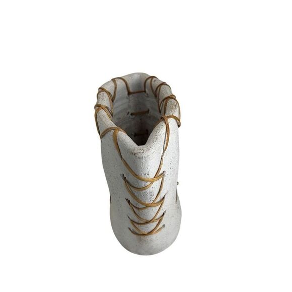 Vintage Minimalist Asian Pottery Vase 7 3/4" White Ceramic with Woven Rattan - Picture 5 of 10